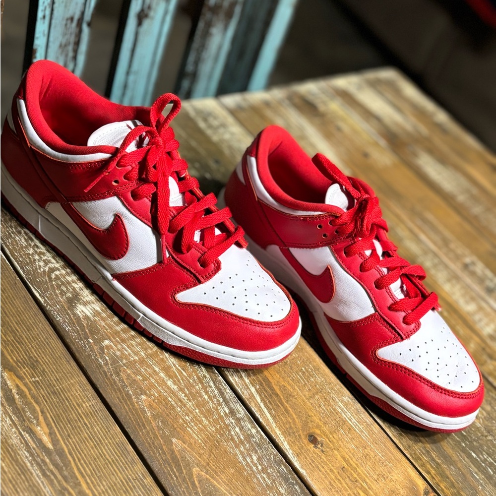 Nike Red and White Dunk Low Sneakers